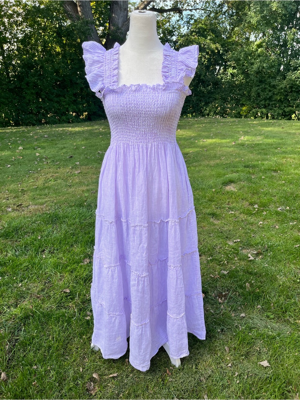 Hill House Home Ellie Nap Dress Ruffle Lilac & White Stripes Cottage Core EUC XS